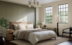 green fitted wardrobe in a double bed bedroom